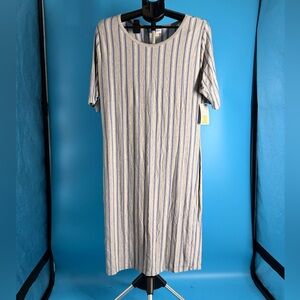 LuLaRoe “Julia” Size 3X Gray & Blue Striped Stretch Knee Length Comfy Casual NWT